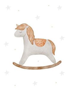 a painting of a rocking horse with stars on the back and white walls behind it