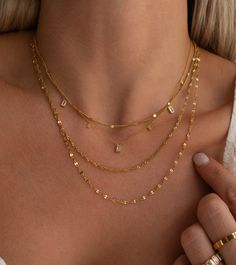 Triple Layer Necklace Length: approx. 16, 18, 19 inch layers with 2 inch extension chain (adjustable) 18K Gold Plated Stainless Steel Water Resistant Gold Layered Necklace Aesthetic, Layered Gold Necklaces Aesthetic, Layered Necklaces Aesthetic, Layered Gold Necklaces, Triple Layer Necklace, Necklace Combo, Rectangle Necklace, Jewelry Accessories Ideas, Layer Necklace