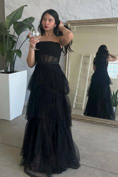 Tiered Tulle Skirt, Skirt With Shorts, Ruffle Maxi Dress, Black Layers, Black Tulle, Grad Dresses, Ruffled Maxi Dress, Black Maxi, Long Maxi