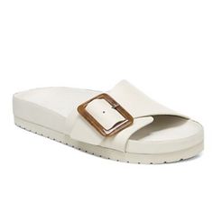 No Box Leather Slide Sandals Complete With A Statement Plexi Buckle. Leather Upper Open Toe Plexi Buckle Slip-On Style Leather Lining Rubber Sole Dust Bag Included Imported Size True To Size Platform Height, About 1" (25mm) *New To Poshmark? Use My Code "Bubbse" To Get $10 Off When You Sign Up! * Comes From A Clean, Smoke/Free Environment. Please Feel Free To Contact Me With Any Questions! White Slides With Leather Footbed, White Leather Slides With Flat Heel, Cream Leather Slides With Round Toe, Cream Leather Slides With Removable Insole, Cream Slip-on Slides For Summer, White Leather Flat Heel Slides, White Leather Slip-on Slides, Slip-on Slides With Textured Sole And Open Toe, Cream Leather Slip-on Slides