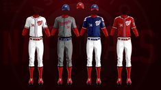 the baseball uniforms are red, white and blue