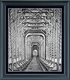 a black and white drawing of a train track going through a tunnel with the light at the end