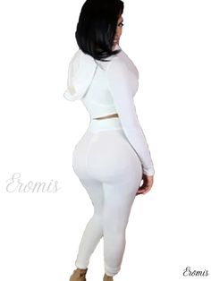 Eromis - Chic Womens Two-Piece Ensemble: Trendy Crop Hoodie and Stylish Solid Pants, Fashionable Womens Attire Sporty White Hooded Set, Fitted Hooded Loungewear Set, White Long-sleeved Athleisure Set, White Long Sleeve Athleisure Sets, White Stretch Sets With Long Sleeves, White Stretch Two-piece Set, White Fitted Hooded Activewear, White Stretch Long Sleeve Set, White Hooded Sets For Spring