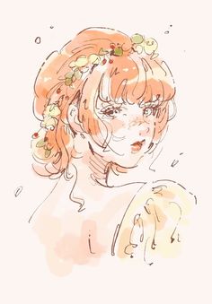 a drawing of a girl with flowers in her hair