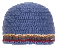 a blue knitted hat with red, brown and white stripes on the brim