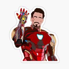 the iron man sticker is holding up his hand with an eye patch on it