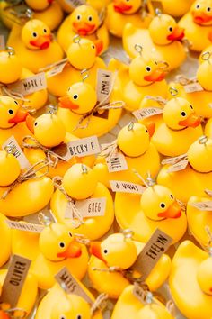 many rubber ducks with name tags attached to them