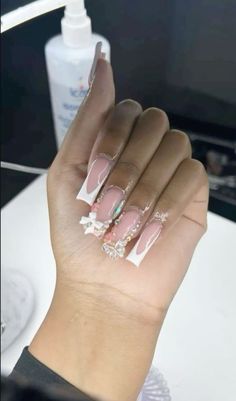 French Tip Acrylic Nails Charms, Acrylic Nails With Bow Charms, Medium Acrylic Nails With Charms, French Tip Charm Nails, Freestyle French Tip Nails, Acrylic Nails French Tip With Design, Nails With Glitter French Tip, French Tip Charms, French Tip Bow Nails