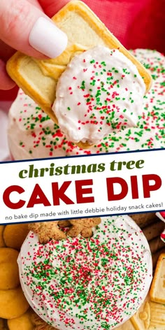 christmas tree cake dip with sprinkles and cookies on the side is being held up