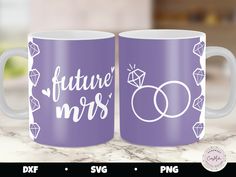 two coffee mugs with the words future mrs and mr written on them in white ink