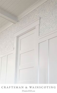 a white door with the words craftsman and wainscoting painted on it