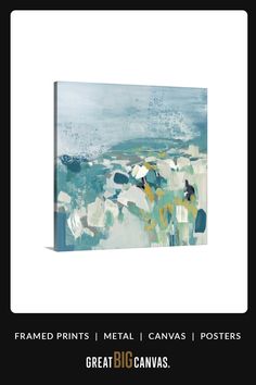 an abstract painting with white and blue colors on it, in the middle of a black frame