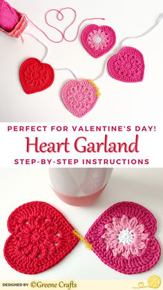 These hearts are beautiful in one color, but if you're looking for something more vibrant, you can use three colors to highlight the floral motif in the center. They can be used as a lovely garland, or even as a coaster, depending on the yarn weight and hook size you use.
A quick and easy project for Valentine's Day!

This pattern has the written instructions of the Floral Heart Garland, it is available only in ENGLISH. It has clear row by row instructions and step-by-step photo instructions to help you in the process, written using standard AMERICAN and BRITISH abbreviations. Both PDF files contain 11 pages.