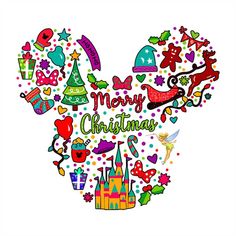 mickey mouse's christmas card is shown in the shape of a heart with lots of holiday