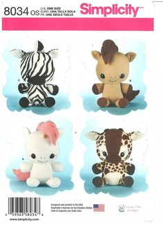 2015 Simplicity 8034 Stuffed Animals Unicorn Zebra sewing pattern uncut | eBay Zebra Horse, Modern Sewing Patterns, Lion Design, Toy Horse, Bag Inside, Simplicity Sewing Patterns, Simplicity Patterns