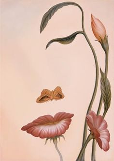 a painting of pink flowers and two butterflies on a light colored background, with green stems in the foreground