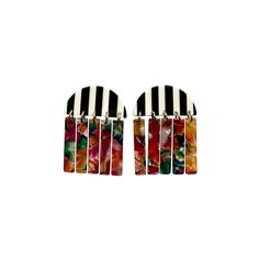 These earrings are all about movement! Features a unique half moon stud in a striking black and white stripe acrylic with a contrasting flirty fringe detail in a hand-swirled acrylic mix of all the colors in the rainbow; red, orange, yellow, green, blue, white and pink.  Designed for Closet Rehab. Handmade in Pittsburgh, PA. Made in the USA. Materials: acrylic, brass base posts/jump rings with 18k gold plating Hypoallergenic  Our accessories are handcrafted from colorful acrylic. To preserve your Closet Rehab products, we recommend storing safely in our pouches. Avoid contact with harsh substances like perfumes and hairsprays. Items with plated metals naturally tarnish over time when exposed to body oils and other natural elements. Please handle with care, as excessive dropping, wear and t White Fringe Earrings, Summer Color Palette, September Birthstone Jewelry, White Fringe, Walk The Line, Moon Studs, August Birthstone Jewelry, July Birthstone Jewelry, Body Oils