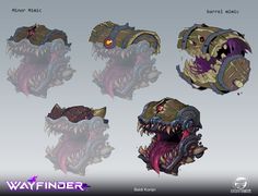 four different types of monster heads in various angles and sizes, with the words wayfinderr above them