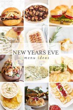 new year's eve menu ideas with images of different foods and desserts on plates