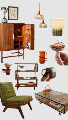 a collage of furniture and decor items including a coffee table, chair, sideboard, lamp