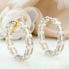 Real H/SI Baguette Diamond Hoop Earrings 14k White/Yellow Gold Two Tone 9.67 Ct. Diamond Earrings Wedding, Earrings For Wedding, Bridal Statement Earrings, Diamonds Earrings, Pave Diamond Earrings, Gold Diamond Earrings Studs, Gold Diamond Studs, Women Earrings, Diamond Earring