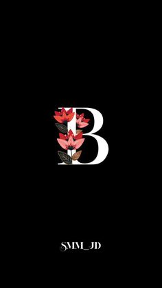 the letter b is made up of red flowers and black background with white letters on it