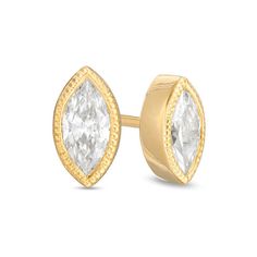 Perfectly petite, these vintage-inspired diamond stud earrings are an adorable look she'll never want to take off. Crafted in warm 10K gold, each anytime earring showcases a sparkling 1/5 ct. marquise-shaped diamond solitaire in an intricate milgrain-lined bezel setting. Captivating with 3/8 ct. t.w. of diamonds and a bright polished shine, these post earrings secure comfortably with friction backs. 14k Yellow Gold Marquise Earrings, Yellow Gold Marquise Cut Earrings For Gift, Yellow Gold Marquise Cut Earrings As Gift, Timeless Gold Diamond Earrings With Rose Cut, Classic Gold Earrings With Rose Cut Diamonds, Marquise Diamond Cut Earrings For Anniversary, Classic Gold Marquise Cut Diamond Earrings, Timeless Yellow Gold Rose Cut Diamond Earrings, Classic 14k Gold Earrings With Bezel Setting