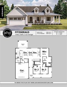 the floor plan for a two story house with three bedroom and an attached garage area