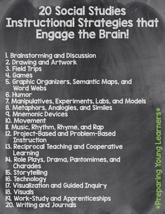 a blackboard with the text 20 social studies instructional strategy that engage the brain