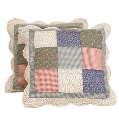 two pillows with different colored squares on the front and back, one is made out of fabric