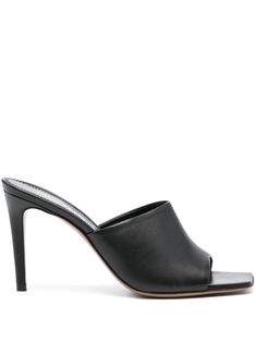 black calf leather smooth grain square open toe front strap branded leather insole 95mm high stiletto heel leather sole slip-on style Sleek High Heel Mules With Leather Sole, Classic Evening Mules In Calf Leather, Sleek Calf Leather Open Heel Mules, Classic Evening Mules With Branded Heel Counter, High Heel Calf Leather Mules For Evening, Evening Mules With Padded Heel In Calf Leather, Evening Calf Leather Mules With Padded Heel, Classic Leather Mules With 4-inch Heel, Calf Leather Mules With Padded Heel For Evening