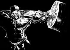 a black and white drawing of a man lifting a barbell with one arm in the air