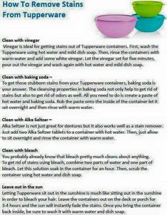 the instructions for how to remove stains from tupperware dishes and use them as cleaning supplies