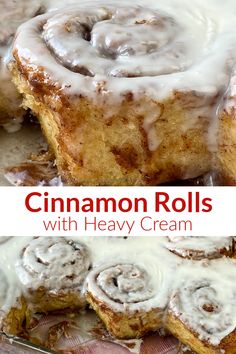 cinnamon rolls with heavy cream frosting on top and in the middle, ready to be eaten