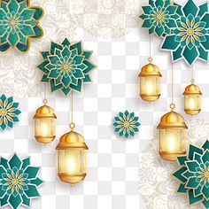 christmas decorations hanging from the ceiling with gold and green ornaments on them, against a white background