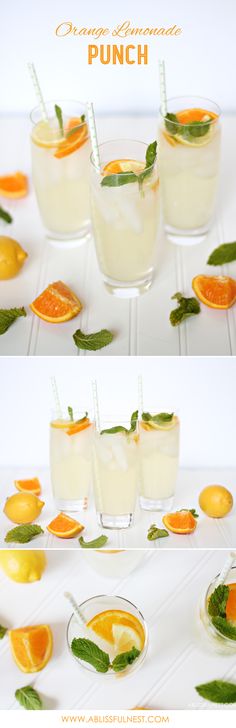 three different shots with oranges and mint garnish on the rim, in glasses