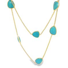 A 14 Karat Yellow Gold Necklace Featuring 7 Bezel Set Turquoise Totaling in 3.72 Carats. The Necklace is Adjustable 17-18 Inch Length with Clasp. Finished Weight is 7.0 Grams. Turquoise Fine Jewelry With Polished Finish, Fine Jewelry Turquoise Bezel Setting, Luxury Turquoise Necklace With Cabochon, Luxury Turquoise Gemstone Necklace, Luxury Turquoise Oval Necklace, Luxury Round Turquoise Necklace, Luxury Turquoise Round Necklace, Elegant Yellow Gold Turquoise Necklace With Cabochon, Elegant Yellow Gold Turquoise Cabochon Necklace