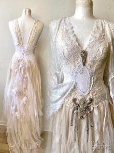 Bohemian Wedding dress in a beautiful delicate look ,bridal gown romantic, wedding dress antique lace,beach wedding dress,wedding dress lace,vintage inspired.. Skirt is tulle pieces in a fairy look . Length can be adjusted on request . There is lace up in the back , which Will adjust the dress according to your body figure . Will fit sizes Xs, s, m ,L READY MADE RAW RAGS wedding dress, the dress you will receive is the one of a kind dress, shown in the photo .Size will be adjusted according to y Floor-length Lace Patchwork Dress For Wedding, Bohemian White Dress With Lace Back, White Bohemian Dress With Lace Back, Bohemian White Floor-length Wedding Dress, Bohemian Fitted Lace Dress With Lace Bodice, Elegant Lace Trim Wedding Dress For Beach Wedding, Elegant Beach Wedding Dress With Lace Trim, Fitted Lace Trim Wedding Dress For Beach, Bohemian Lace Fitted Wedding Dress