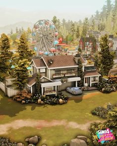 a large house with a ferris wheel in the middle of it's yard and lots of trees