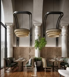 the interior of a restaurant with tables and chairs