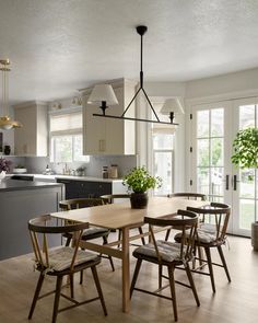 a dining room table with chairs and a potted plant on it in front of an open kitchen door