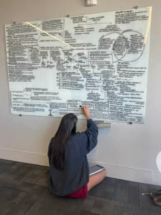 a woman sitting on the floor in front of a white board with writing on it