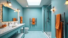 a bathroom with blue walls and orange towels