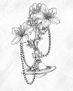 a black and white drawing of flowers in a vase on a plate with beads around it