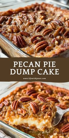 pecan pie dump cake in a pan with a serving spoon