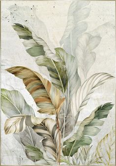 a painting of leaves and grass on a white background with gold trim around the edges