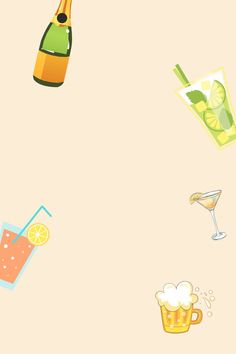 various drinks and beverages are arranged on a beige background