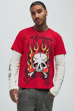 Available In Red/combo. Crew Neck Long Sleeve Screen Print Disclaimer: Due To The Printing Process A Difference In Saturation May Occur. Each Garment Is Unique. Print Placement Will Vary. 60% Cotton 40% Polyester Imported | Mens Ed Hardy Flame Skull Thermal Long Sleeve in Red size Large by Fashion Nova Graphic Tees Fashion, Flame Skull, Thermal Long Sleeve, Graphic Tops, Print Placement, Ed Hardy, Mens Graphic Tee, Fashion Tops, Graphic Shirts