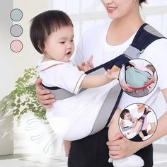 a woman holding a baby in a sling with instructions on how to use the sling