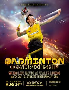 a flyer for a badminton tournament with a man holding a racket in the air